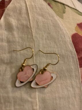 Gold-Tone Pink Heart Planet Drop Earrings